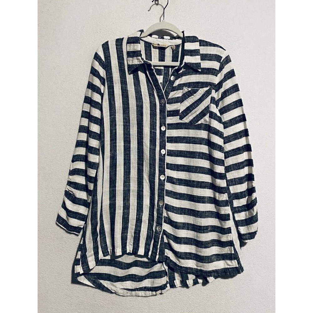 Soft Surroundings Top Womens Small Black White Striped Camina Tunic Linen Boho - Picture 2 of 8